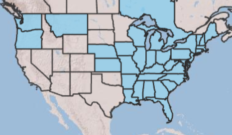 map highliting which states have autumn olive in them